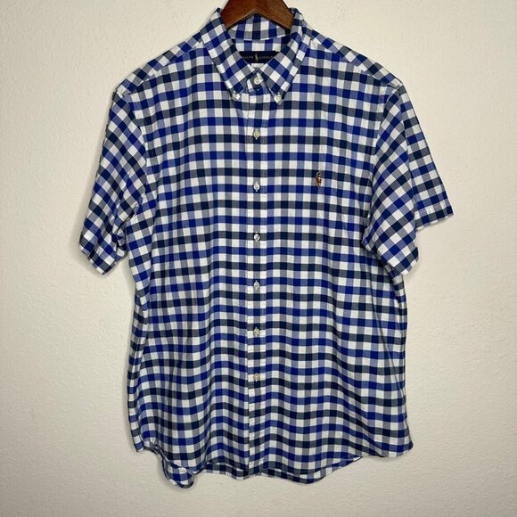 Ralph Lauren short sleeve button down checkered blue and white shirt Sz XL - Picture 1 of 6